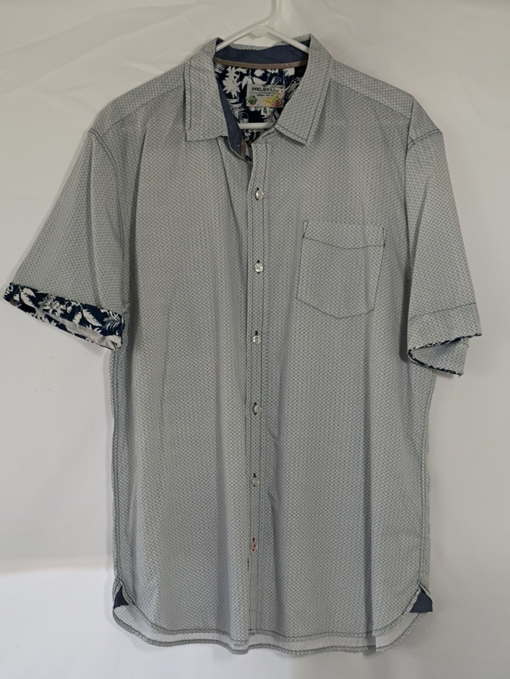 EUC Projek Raw Mens Short Sleeve Button Down Shirt Blue Geometric Print Sz XL
